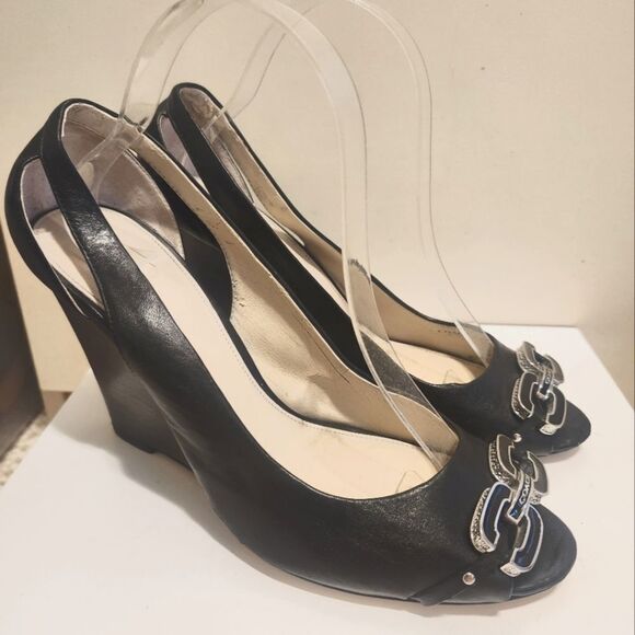Coach Shoes - Coach NY "Larchmont" Black Leather Wedge Heel Peep Toe Logo Pumps Sz.9.5 $178